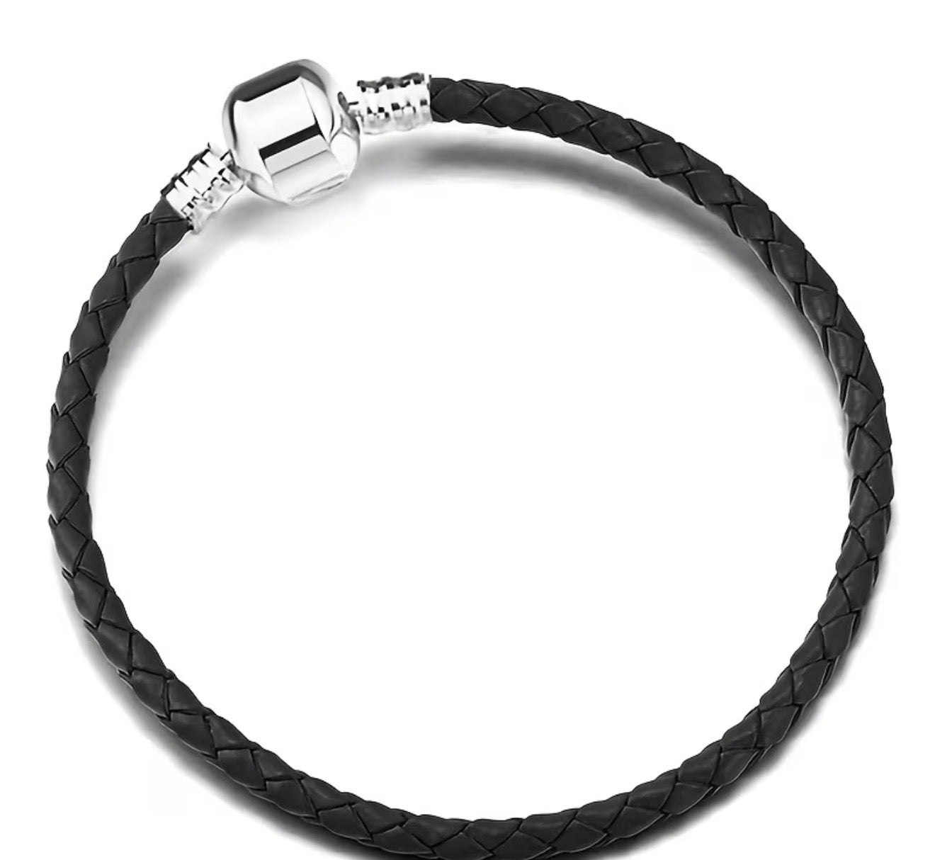 Braided Leather Charm Bracelet with  Silver Clasp
