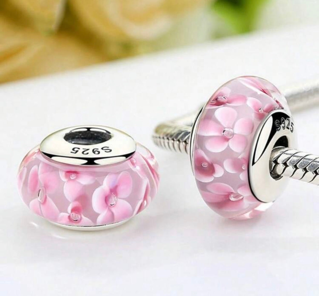 Pink Blossom Murano Glass Charm Bead