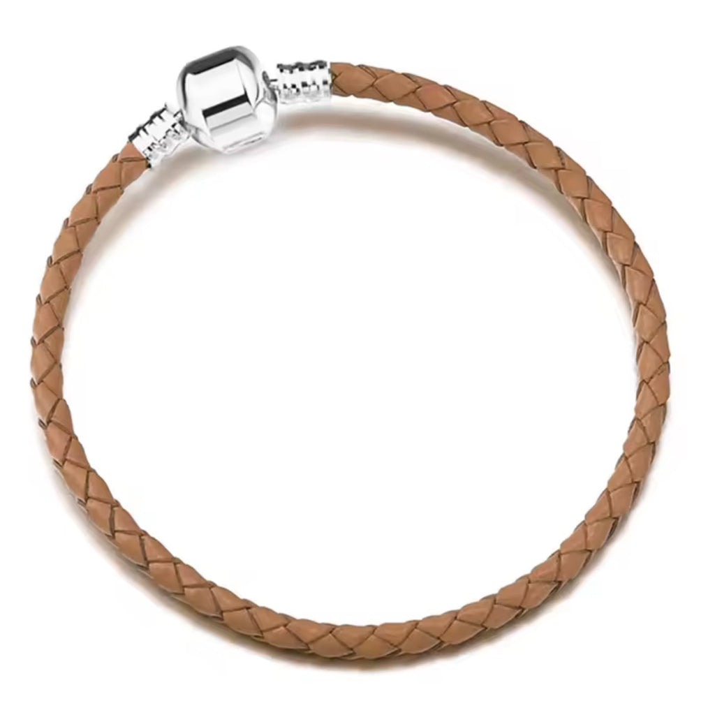 Braided Leather Charm Bracelet with  Silver Clasp